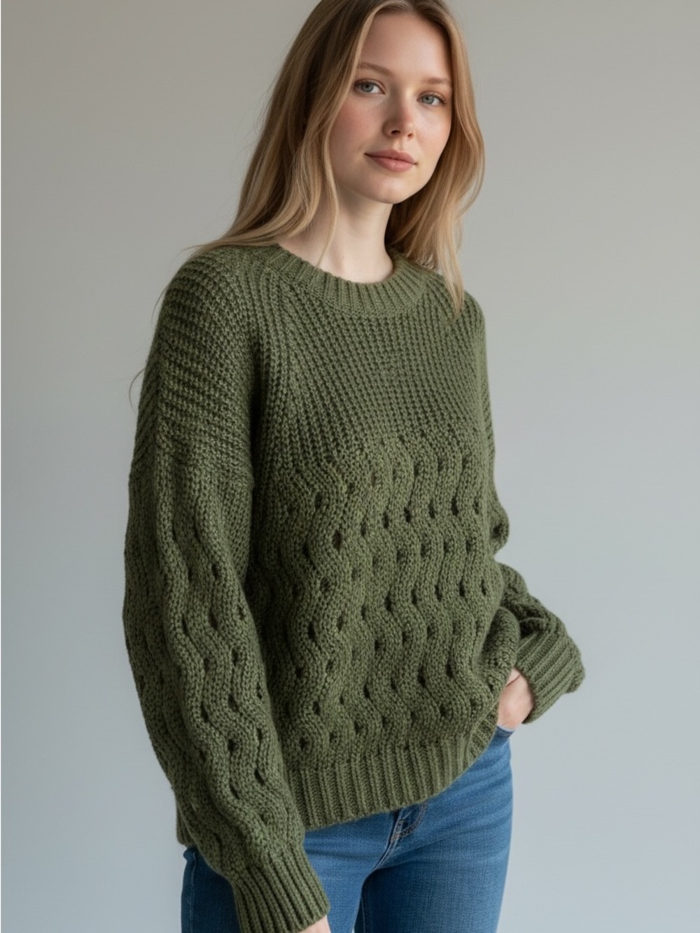 Chunky Open Knit Cable Women's Sweater Olive Green Medium